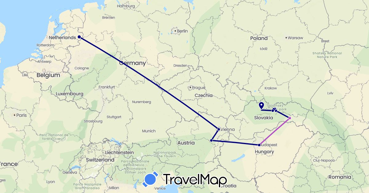 TravelMap itinerary: driving, train in Austria, Hungary, Netherlands, Slovakia (Europe)